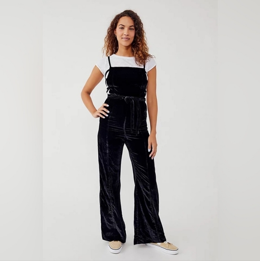 Free People Black Velvet Side Tie Jumpsuit NWOT